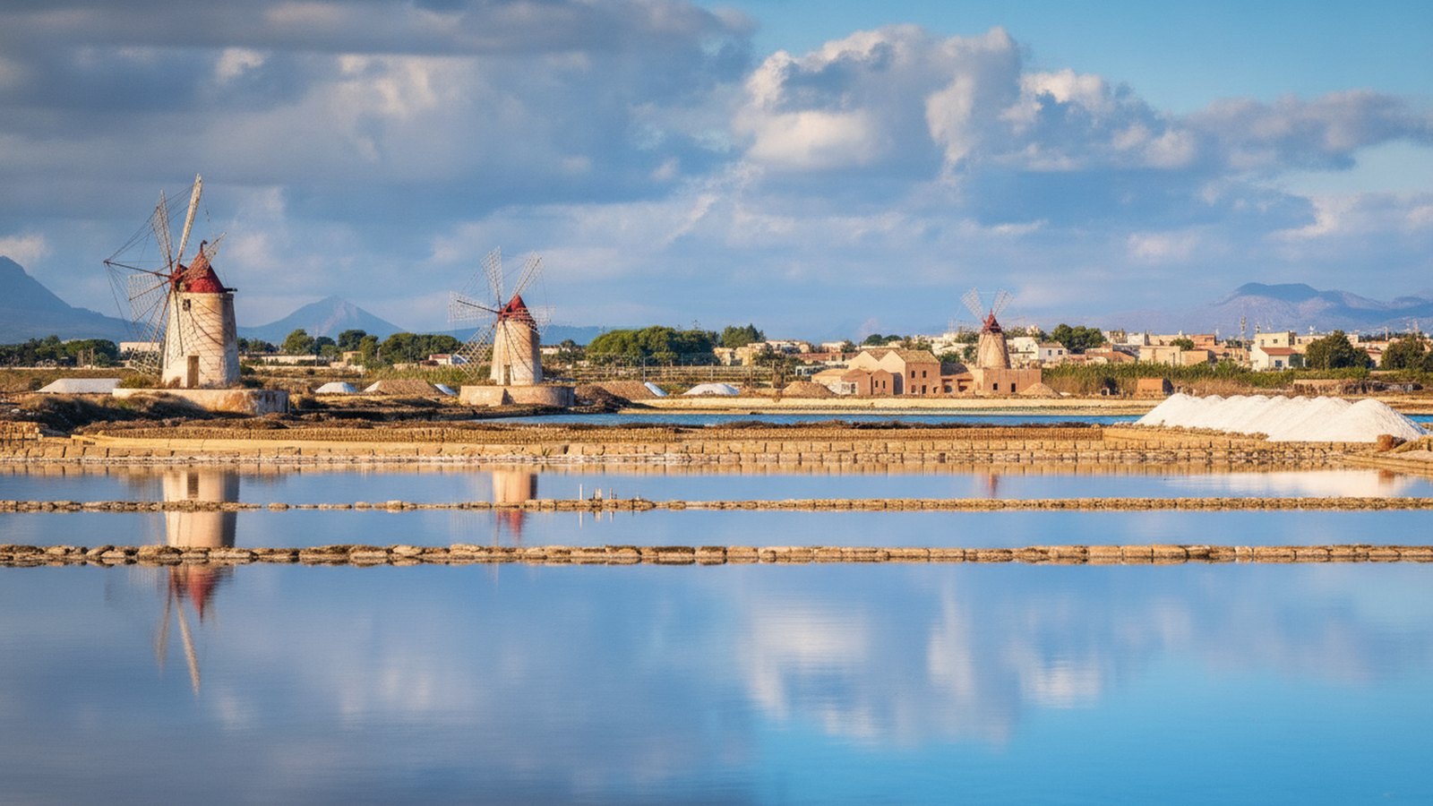 I mulini a vento delle saline dello Stagnone al tramonto