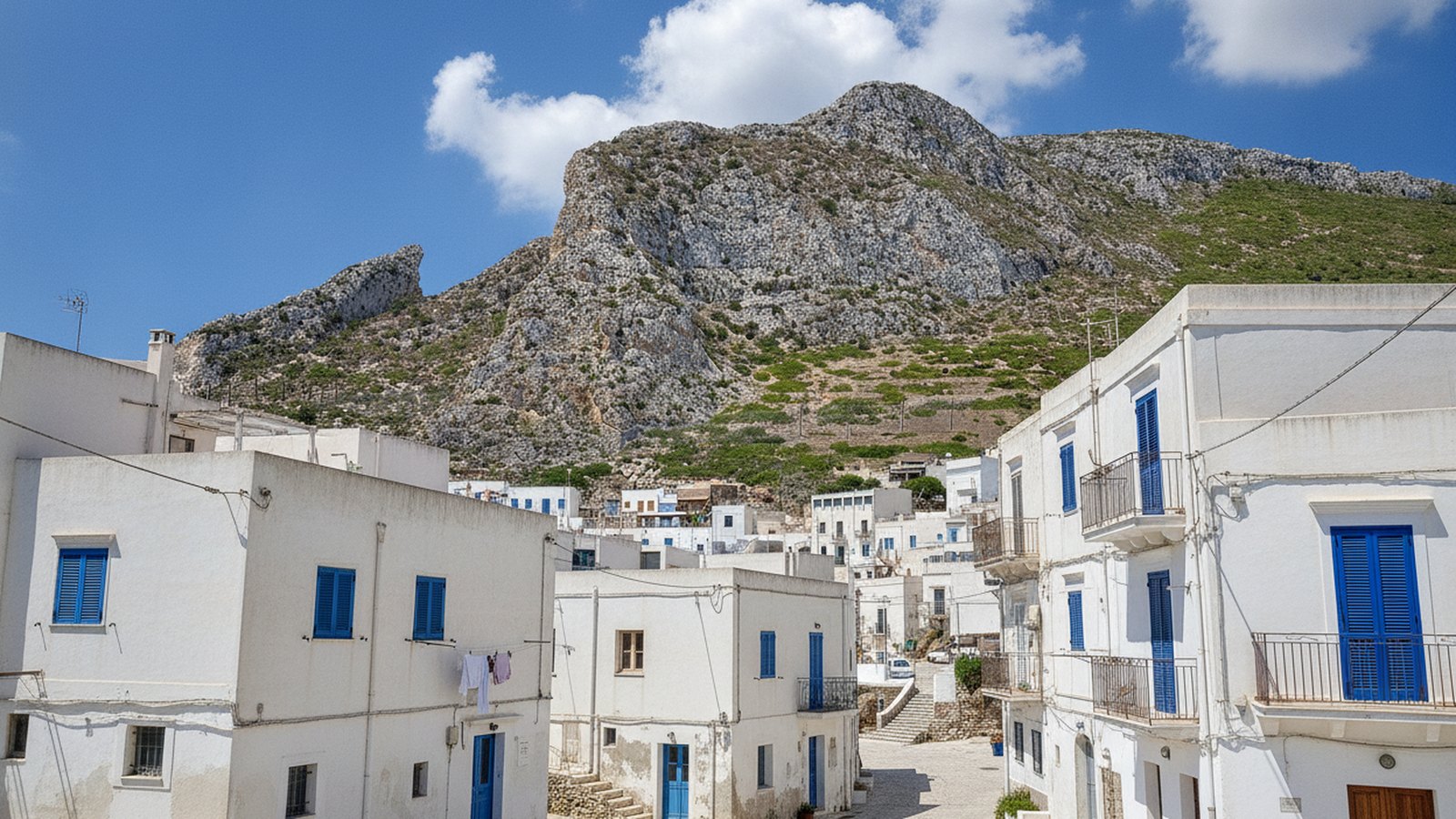 Il borgo di Levanzo affacciato sul porto, con la montagna alle spalle