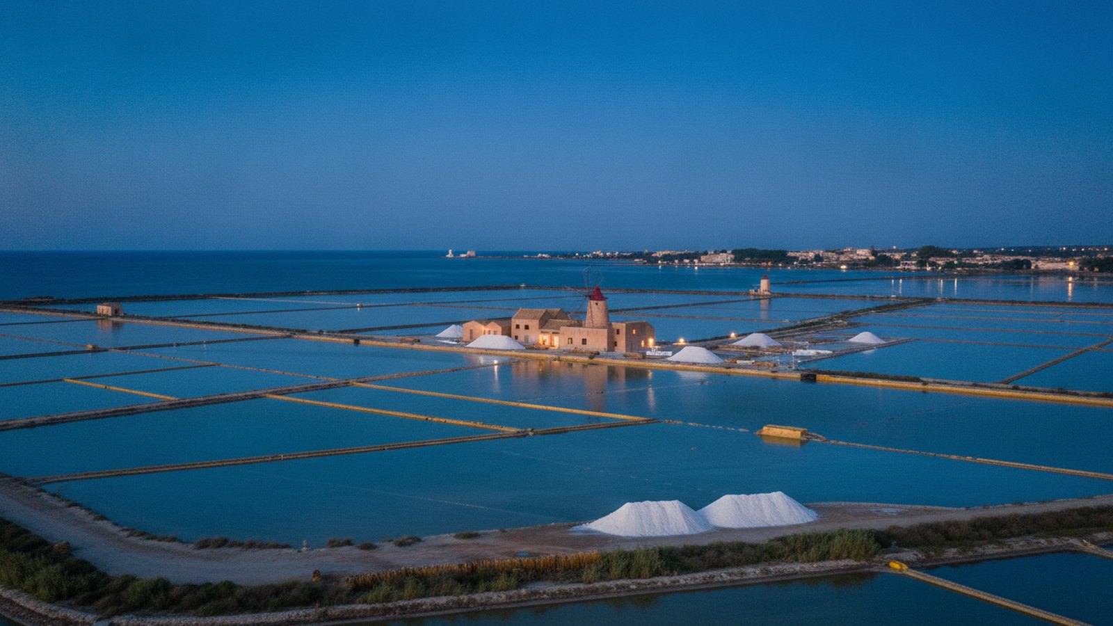 Le saline dello Stagnone con le vasche e un mulino a vento storico