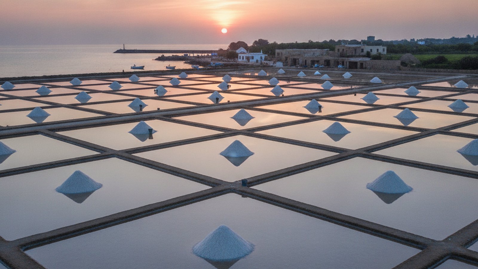 La laguna dello Stagnone di Marsala con le vasche delle saline al tramonto